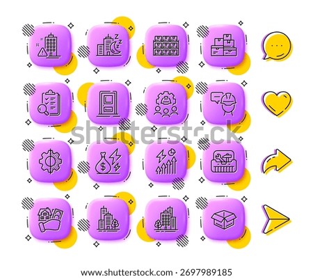 Wholesale goods, Boxes shelf and Inspect line icons. App 3d buttons. Social media comment, share, like icons. Pack of Toolbox, Building warning, Electricity consumption icon. Vector