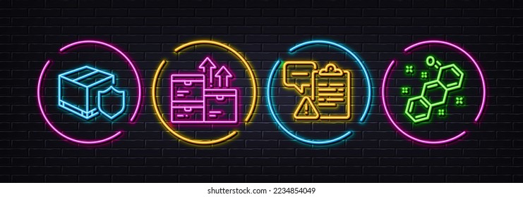 Großhandel, Lieferversicherung und Clipboard Minimalsymbole. Neon Laser 3D-Lichter. Icons chemischer Formeln Für Web, Anwendung, Druck. Vektorgrafik