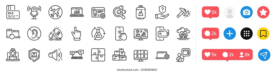 Wholesale goods, Fuel price and Hammer blow line icons pack. Social media icons. Chemistry lab, Recovery devices, Microphone web icon. Puzzle, Package protection, Cursor pictogram. Vector