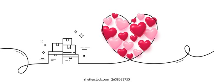 Wholesale goods line icon. Continuous line big heart. Warehouse boxes sign. Logistic inventory symbol. 3d hearts in heart shaped loop. Wholesale goods single line ribbon. Loop curve pattern. Vector