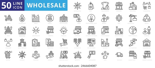 Wholesale icon set with merchandise, retailers, industrial, commercial, goods, bulk, consumer, buying and higher price.