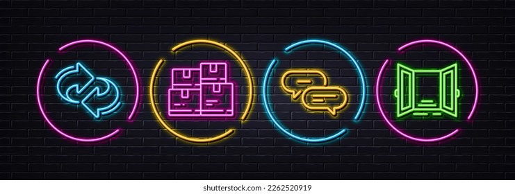 Wholesale inventory, Dots message and Refresh minimal line icons. Neon laser 3d lights. Open door icons. For web, application, printing. Warehouse parcel, Chat bubble, Rotation. Entrance. Vector