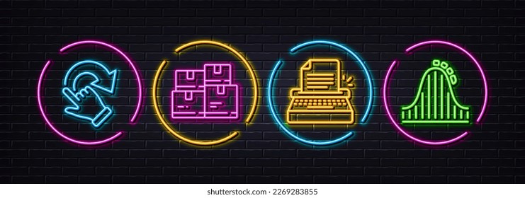 Wholesale inventory, Typewriter and Rotation gesture minimal line icons. Neon laser 3d lights. Roller coaster icons. For web, application, printing. Warehouse parcel, Writer machine, Undo. Vector