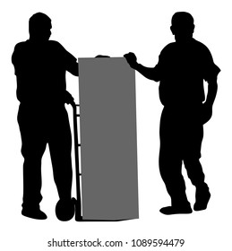 Wholesale, logistic, loading, shipment people hard workers. Man carrying loader with goods at warehouse. Transportation carrying on wheelbarrow vector silhouette, team working. Crates of beer, drinks