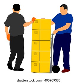 wholesale, logistic, loading, shipment and people concept - man carrying loader with goods at warehouse. Transportation carrying with wheelbarrow vector illustration, team working.