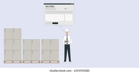 wholesale, logistic, people and export concept - manager or supervisor with tablet at warehouse. note new entries. vector illustration