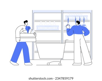 Wholesale product range abstract concept vector illustration. Person with a trolley select goods in a wholesale store, warehousing idea, foreign trade, cash and carry abstract metaphor.