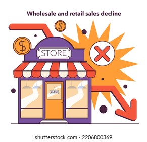 Wholesale And Retail Sales Decline As A Recession Indicator. Significant, Widespread, And Prolonged Economic Slow Down Or Stagnation. Economical Activity Decline Sign. Flat Vector Illustration