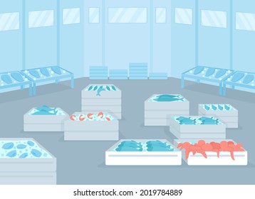 Wholesale seafood facility flat color vector illustration. Fresh and frozen seafood distribution. Containers, freezers with shrimp, octopus and fish 2D cartoon interior with warehouse on background