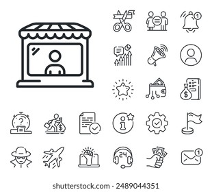 Wholesale store buyer sign. Salaryman, gender equality and alert bell outline icons. Market seller line icon. Retail marketplace symbol. Market seller line sign. Vector