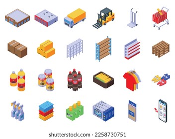 Wholesale store icons set isometric vector. Marketplace supplier. Retail distributor