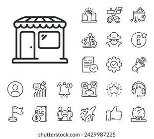 Wholesale store sign. Salaryman, gender equality and alert bell outline icons. Market line icon. Retail marketplace symbol. Market line sign. Spy or profile placeholder icon. Vector