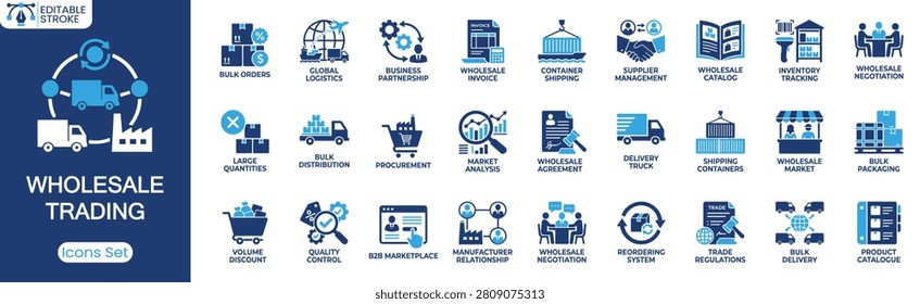 Wholesale trading icon set. Containing bulk orders, global logistics, wholesale invoice, container shipping, procurement and more. Solid vector icons collection