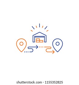 Wholesale warehouse distribution center concept, delivery supply chain solution and transportation services logo elements, shipping order line icon, tracking location outline vector