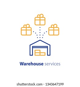 Wholesale Warehouse Distribution Center Concept, Delivery Chain Solution And Storage Services Logo Elements, Shipping Multiple Order Line Icon, Combined Parcel Outline Vector