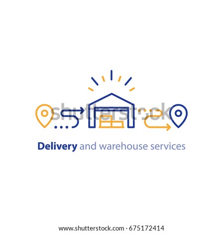 Wholesale warehouse distribution center concept, delivery supply chain solution and transportation services logo elements, shipping order line icon, tracking location outline vector