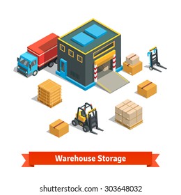 Wholesale warehouse storage building with forklift wares on pallets and truck. Goods distribution concept. Isometric flat style vector illustration isolated on white background.