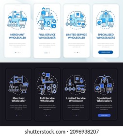 Wholesalers types onboarding mobile app page screen. Distribution walkthrough 5 steps graphic instructions with concepts. UI, UX, GUI vector template with linear night and day mode illustrations