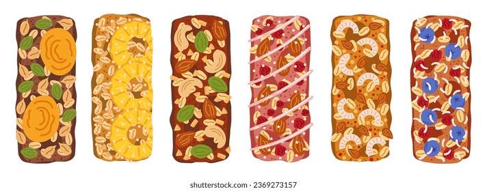 Wholesome Assortment Of Nutritious Granola Bars Isolated Set, Packed With Natural Ingredients Like Oats, Nuts, And Dried Fruits. Perfect For A Guilt-free Snack On The Go. Cartoon Vector Illustration