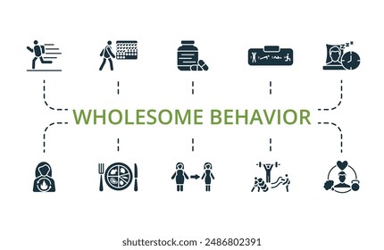 Wholesome behavior icons set. Creative icons: jogging, daily walk, supplements, exercise plan, enough sleep, metabolism, nutrition, body transformation, crossfit, healthy lifestyle.