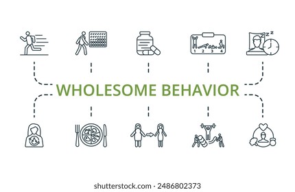 Wholesome behavior outline icons set. Creative icons: jogging, daily walk, supplements, exercise plan, enough sleep, metabolism, nutrition, body transformation, crossfit, healthy lifestyle.