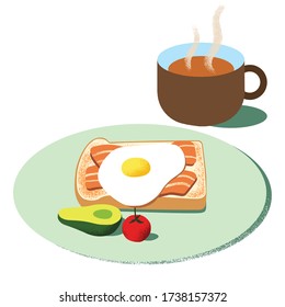 Wholesome breakfast toast vector illustration. Toast bread, bacon strips, egg, avocado, and cherry tomatoes on plate. Steamy hot tea. Detailed texture rendering design template.