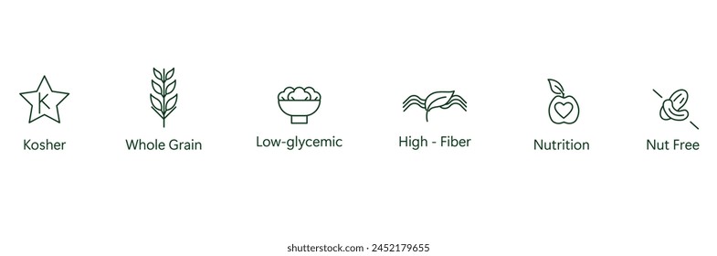 Wholesome Diet Icon: Kosher, Gluten-Free, High-Fiber, Low-Glycemic, Nutritious, Nut-Free Vector Design