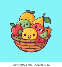 Wholesome Food Display, Cartoon Fruit Icons in a Basket, Vector Illustrations