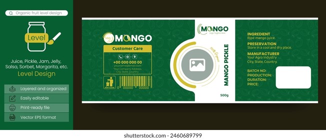 Wholesome temptations mango juice and pickle label mockups. Product packaging label template design, or any organic food label template.