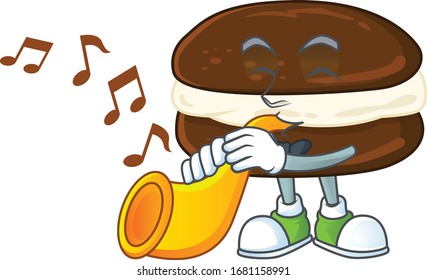 Whoopie pies cartoon character playing music with a trumpet