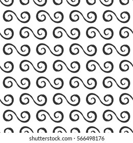 Whorls painted rough brush. Seamless pattern. Grunge ornament. Black, white.
