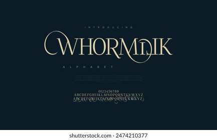 Whormilk premium luxury elegant alphabet letters and numbers. Vintage wedding typography classic serif font decorative vintage retro. creative vector illustration