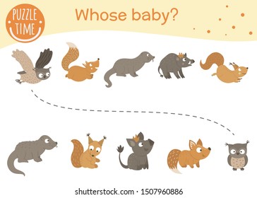 Whose baby matching activity for preschool children. Connect the animal with its baby. Funny woodland game for kids. Logical quiz worksheet.