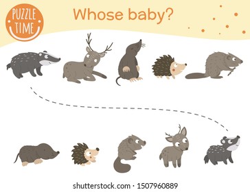 Whose baby matching activity for preschool children. Connect the animal with its baby. Funny woodland game for kids. Logical quiz worksheet.
