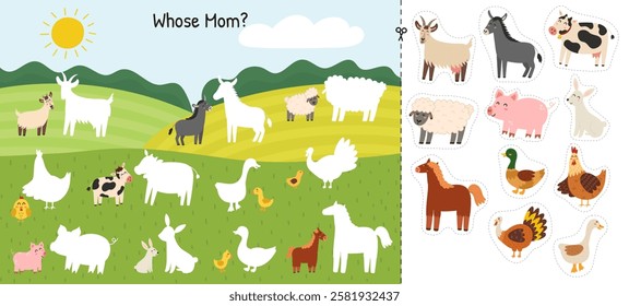 Whose Mom cut and glue game with cute farm animals. Mother and baby matching activity page for kids. Funny printable template. Vector illustration