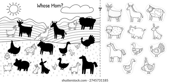 Whose Mom cut and glue game with cute farm animals in outline. Mother and baby matching activity page for kids in black and white.  Funny printable template. Vector illustration