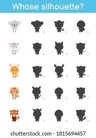 Whose silhouette game template. Matching game for children with cute cartoon animals. Kids activity page. Education developing worksheet. Logical thinking training. Vector stock illustration.