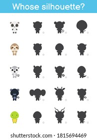 Whose silhouette game template. Matching game for children with cute cartoon animals. Kids activity page. Education developing worksheet. Logical thinking training. Vector stock illustration.