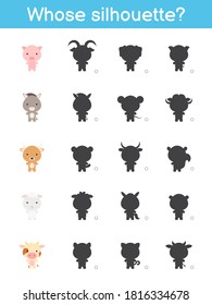 Cuya plantilla de juego de silueta. Juego de correspondencia para niños con animales domésticos de dibujos animados. Página de actividad infantil. Educación desarrollando hoja de trabajo. Formación de pensamiento lógico. Ilustración de material vectorial.