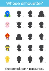 Whose silhouette game template. Matching game for children with cute cartoon bids. Kids activity page. Education developing worksheet. Logical thinking training. Vector stock illustration.
