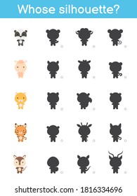 Whose silhouette game template. Matching game for children with cute cartoon animals. Kids activity page. Education developing worksheet. Logical thinking training. Vector stock illustration.