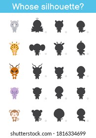 Whose silhouette game template. Matching game for children with african cartoon animals. Kids activity page. Education developing worksheet. Logical thinking training. Vector stock illustration.