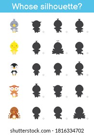 Whose silhouette game template. Matching game for children with cute cartoon birds. Kids activity page. Education developing worksheet. Logical thinking training. Vector stock illustration.