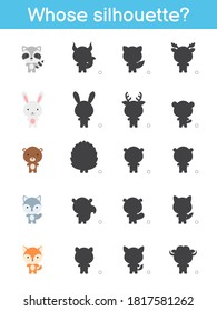 Whose silhouette game template. Matching game for children with forest cartoon animals. Kids activity page. Education developing worksheet. Logical thinking training. Vector stock illustration.