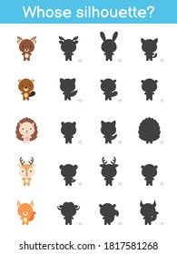 Whose silhouette game template. Matching game for children with woodland cartoon animals. Kids activity page. Education developing worksheet. Logical thinking training. Vector stock illustration.