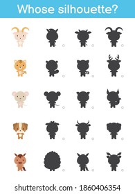 Whose silhouette game template. Matching game for children with domestic cartoon animals. Kids activity page. Education developing worksheet. Logical thinking training. Vector stock illustration.