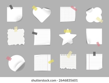 Whote post it notes icons vector set with tape accents.  Realistic notes, notebook pages, paper with torn edges, heart-shapes sticker, star-shaped sticker.