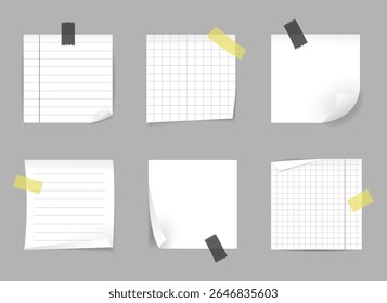 Whote post it notes icons vector set with tape accents.  Realistic notes, notebook pages