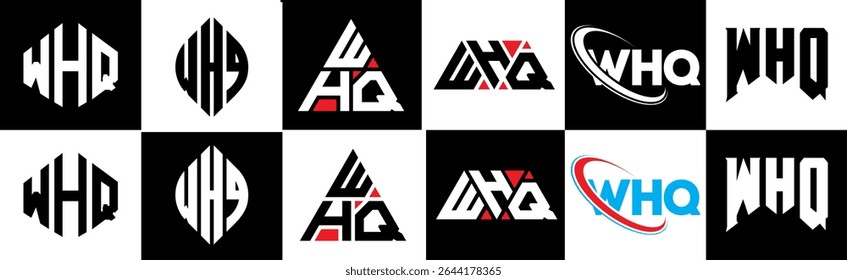 WHQ letter logo design in six style. WHQ polygon, circle, triangle, hexagon, flat and simple style with black and white color variation letter logo set in one artboard. WHQ minimalist and classic logo