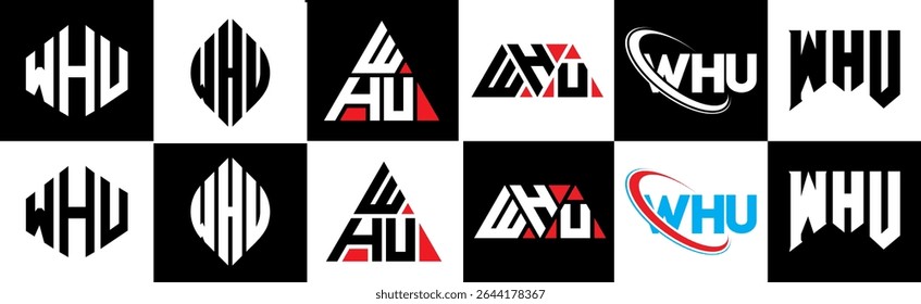 WHU letter logo design in six style. WHU polygon, circle, triangle, hexagon, flat and simple style with black and white color variation letter logo set in one artboard. WHU minimalist and classic logo